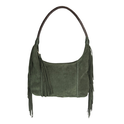 Close-up of the fringed leather exterior showcasing detailed stitching and textured tassels on the Fringe Hobo Bag.