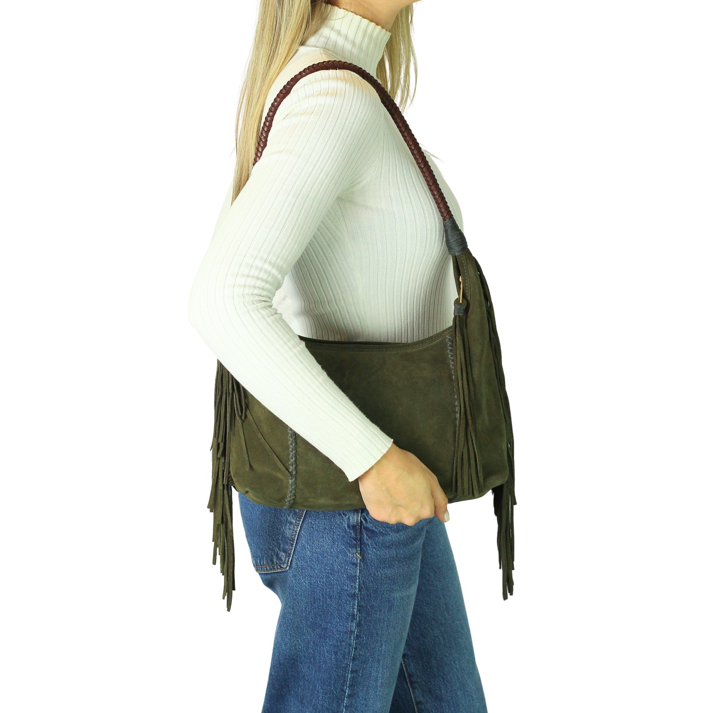 Close-up of the Fringe Hobo Bag’s metal clasp with textured brass finish and subtle engraved detailing from a front-angle