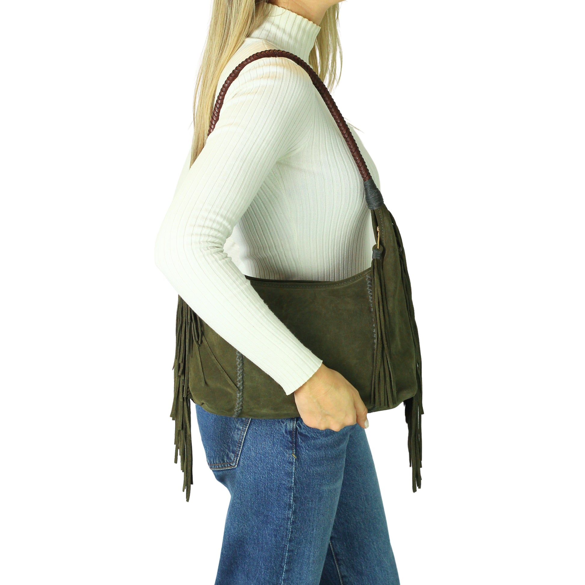 Close-up of the Fringe Hobo Bag’s metal clasp with textured brass finish and subtle engraved detailing from a front-angle