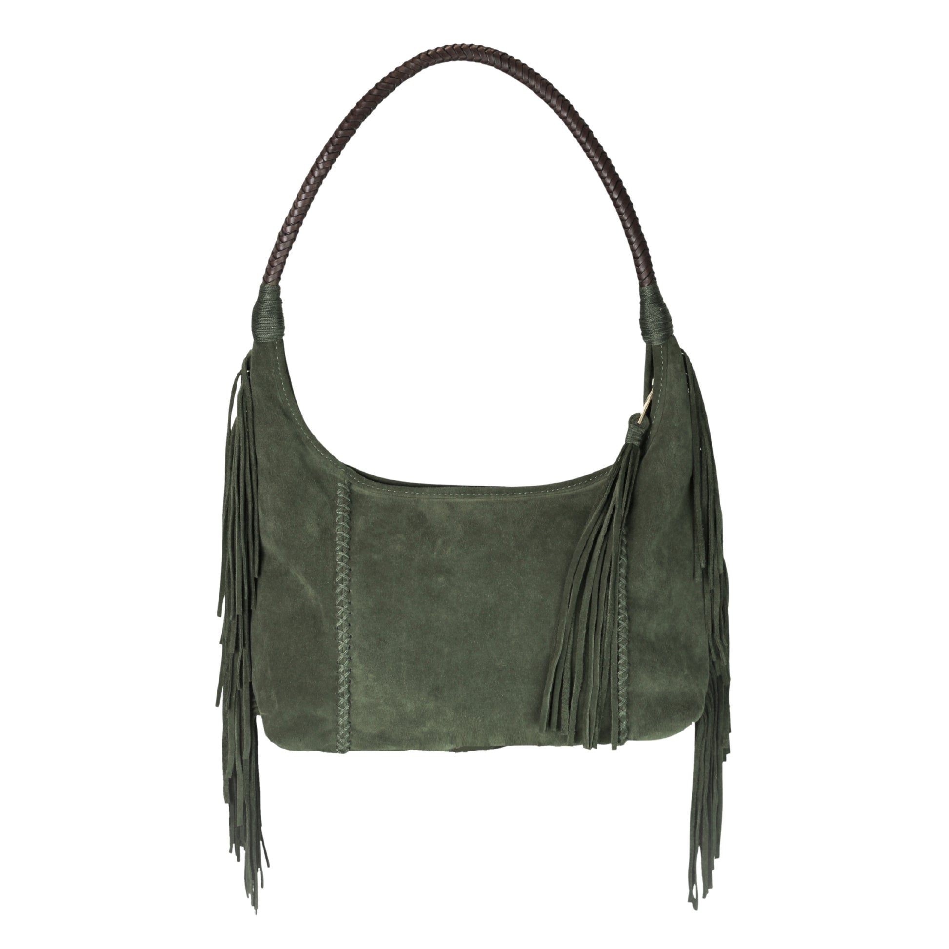 Close-up of fringed leather strap detail with bronze-tone metal hardware and subtle stitching accents on the Fringe Hobo Bag