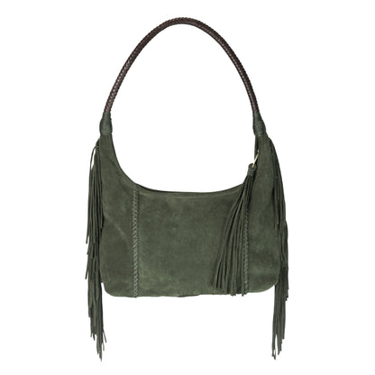 Close-up of fringed leather strap detail with bronze-tone metal hardware and subtle stitching accents on the Fringe Hobo Bag