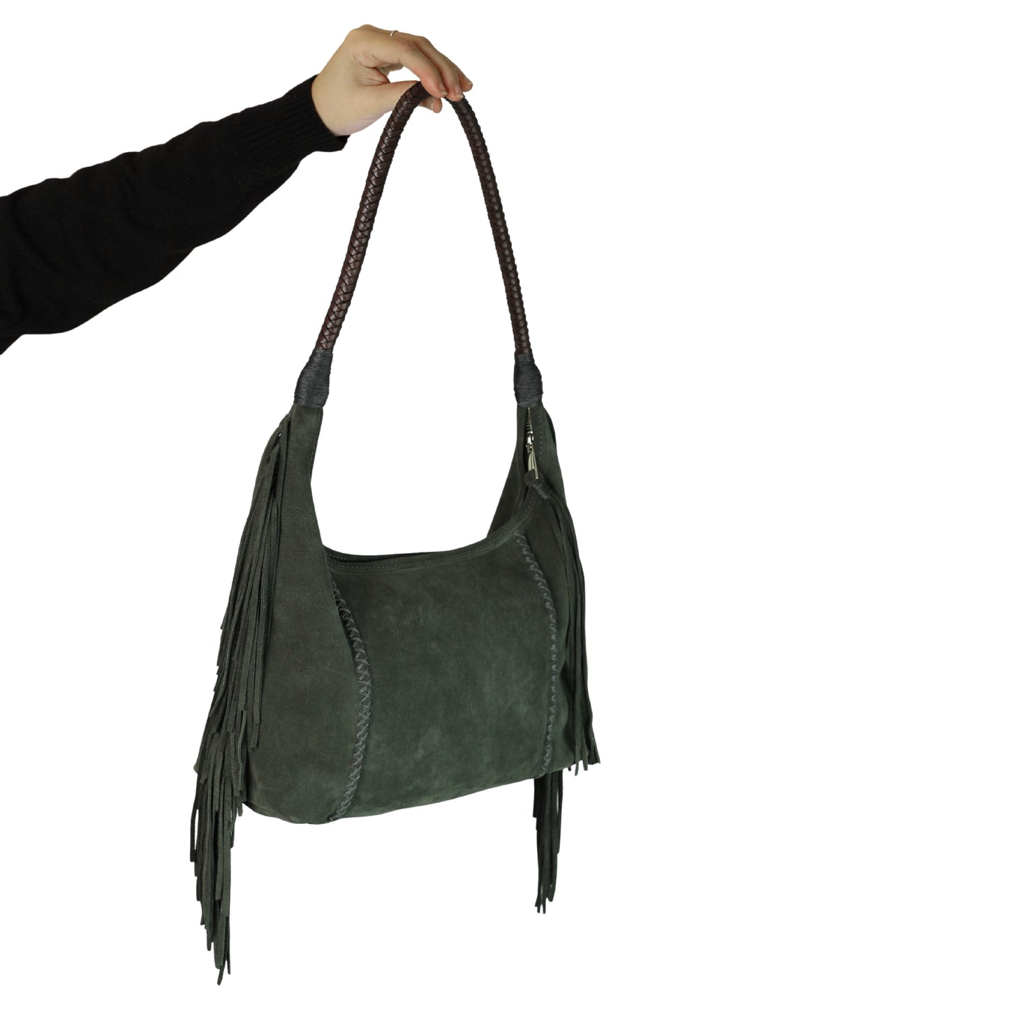 Close-up of the fringed leather surface highlighting intricate stitch details and textured tassel accents on the Fringe Hobo