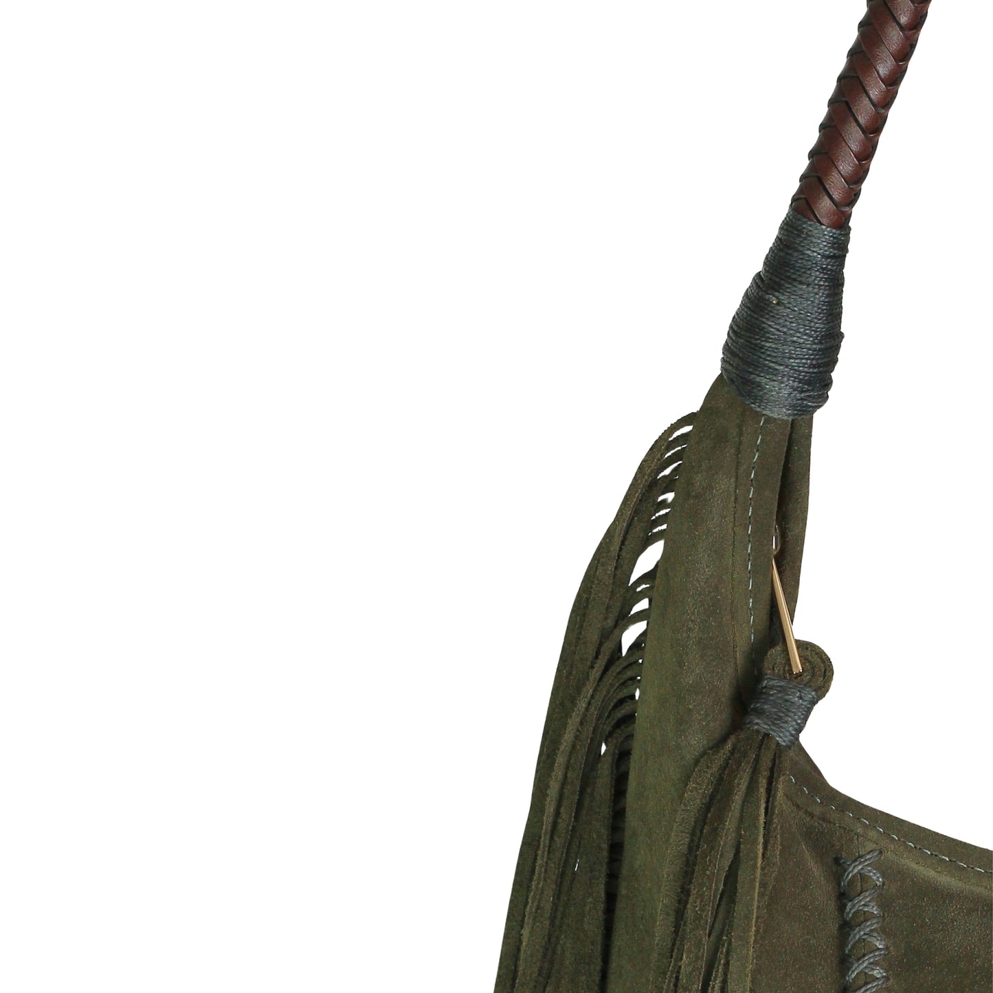 Close-up of the fringed leather surface highlighting intricate hand-stitched details and textured tassel accents.