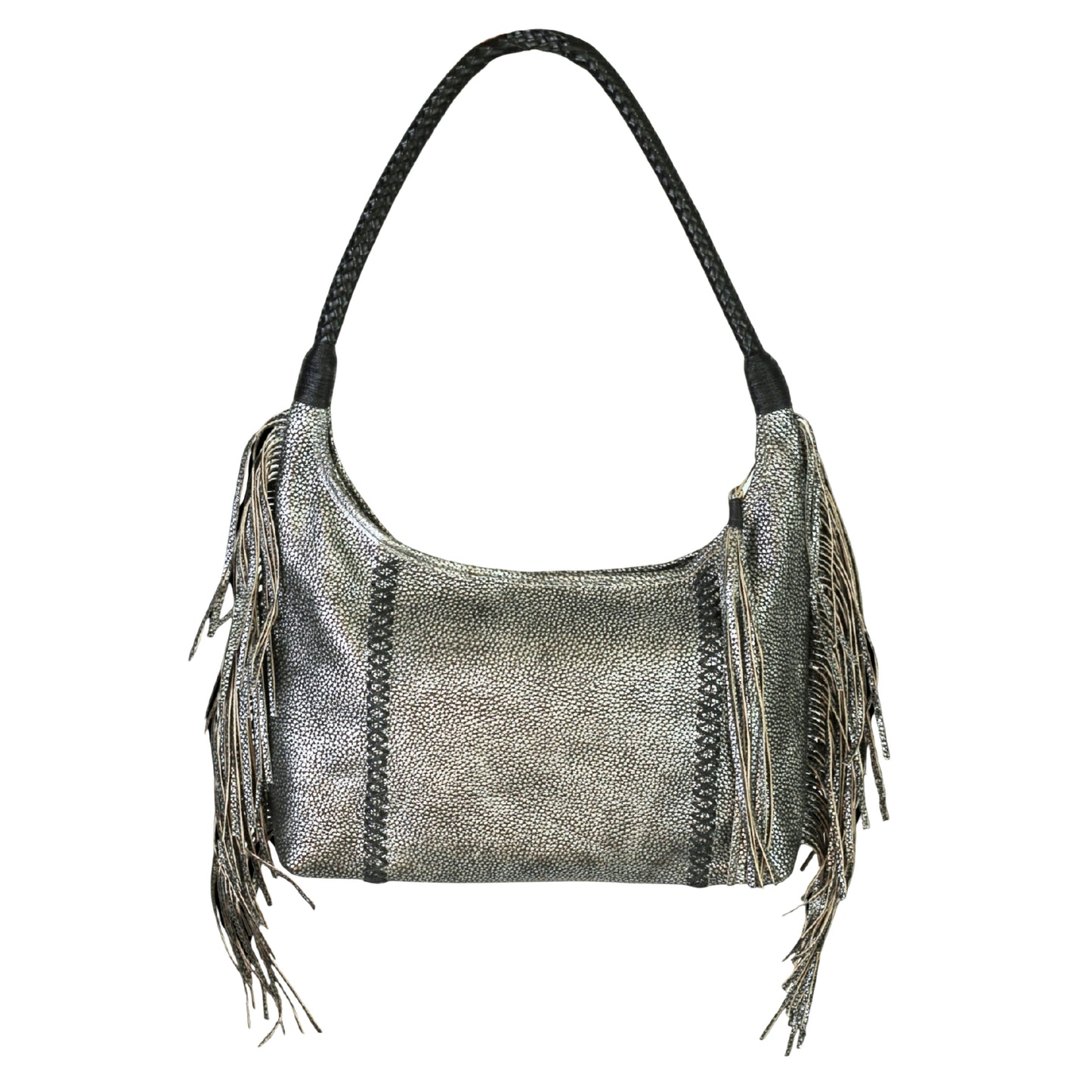 Close-up of the fringed leather texture and stitched detailing on the front of the Fringe Hobo Bag from a slightly angled