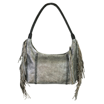 Close-up of the fringed leather texture and stitched detailing on the front of the Fringe Hobo Bag from a slightly angled