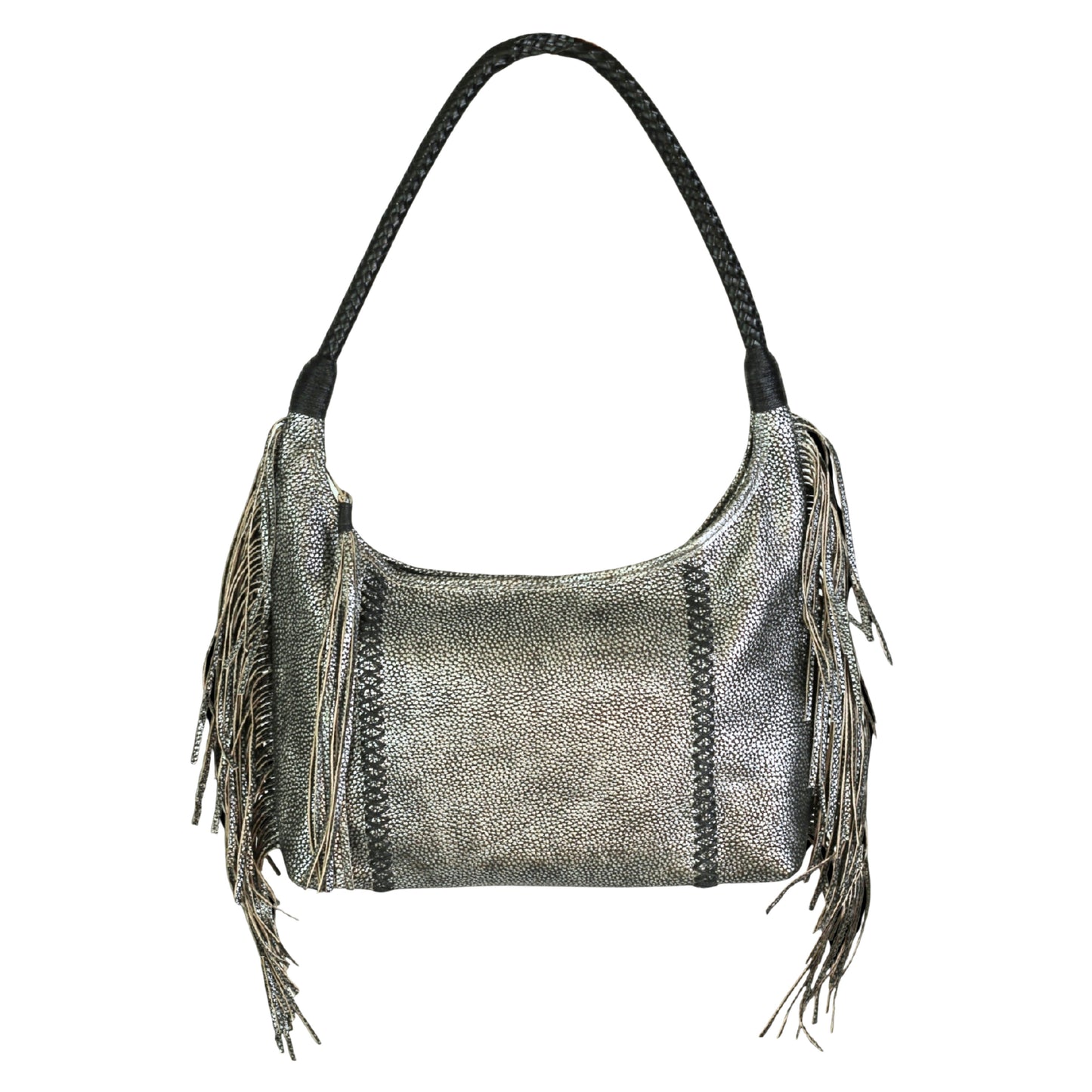 Close-up of the Fringe Hobo Bag's textured leather surface with visible metallic hardware accents and rounded top handle