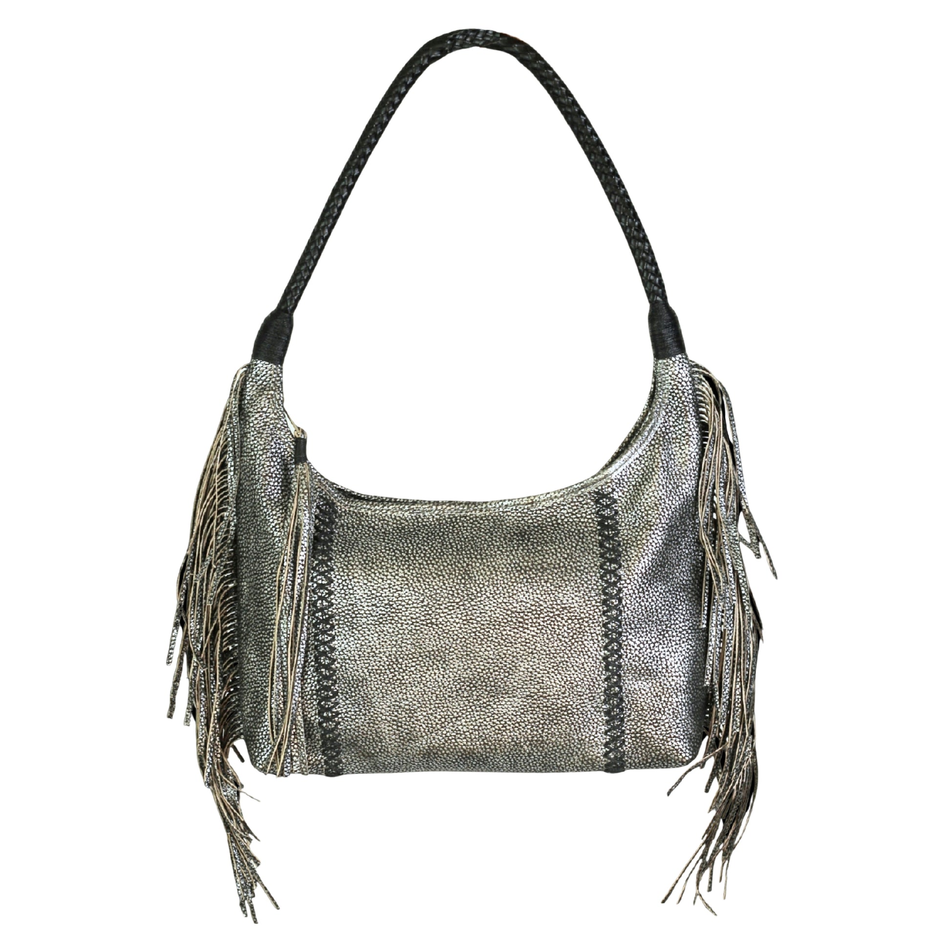Close-up of the Fringe Hobo Bag's textured leather surface with visible metallic hardware accents and rounded top handle