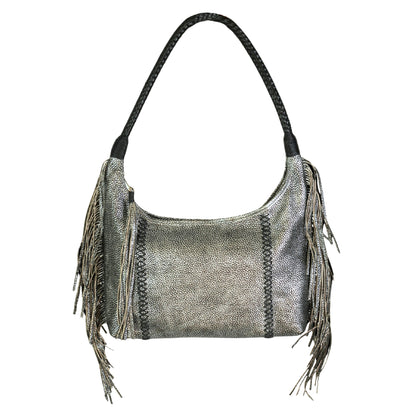 Close-up of the Fringe Hobo Bag's textured leather surface with visible metallic hardware accents and rounded top handle