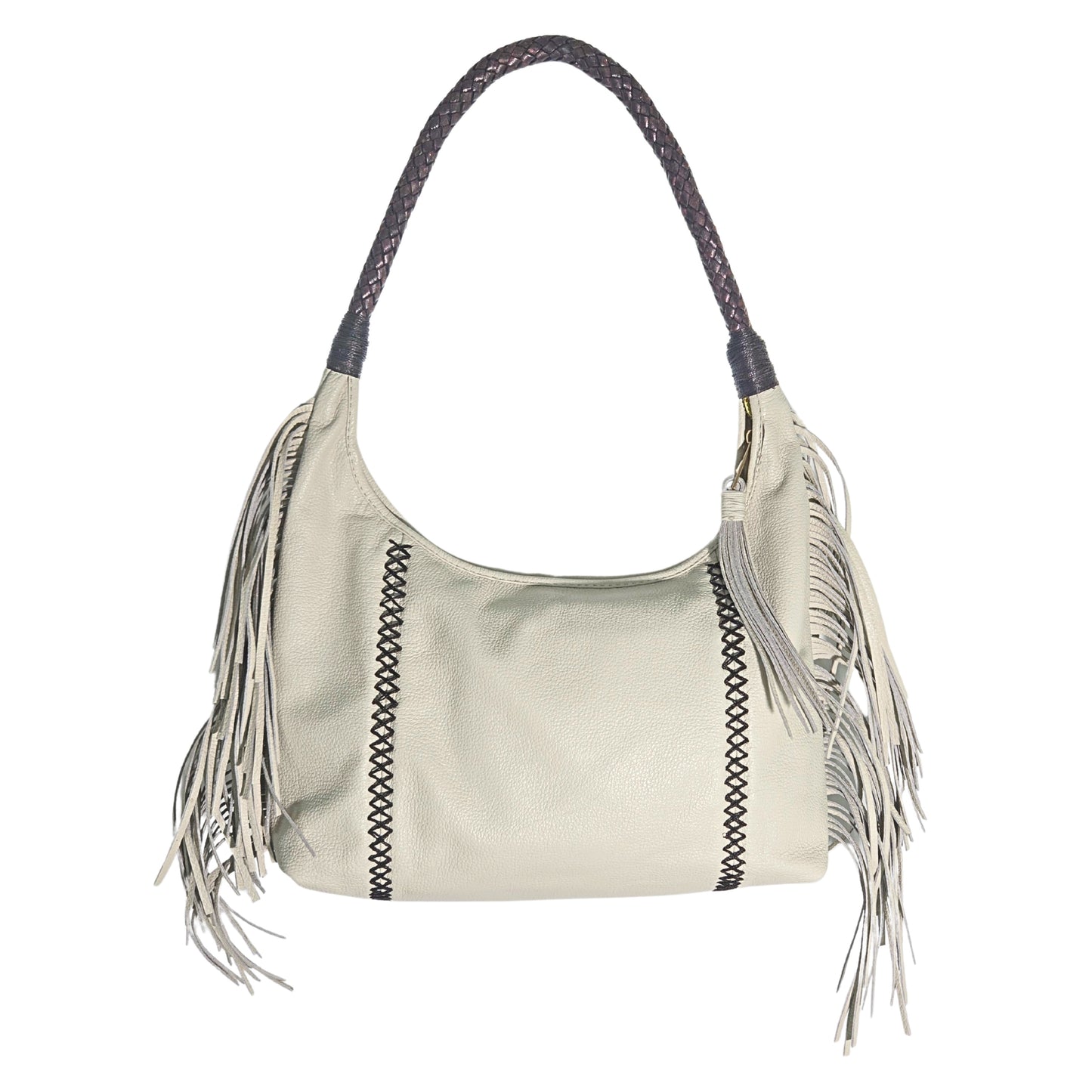 Close-up of the fringed leather detail and brass buckle clasp on the front of the Fringe Hobo Bag, highlighting