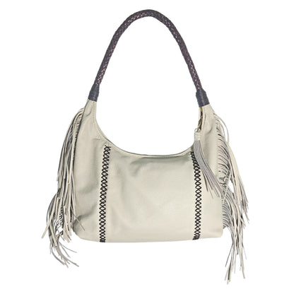 Close-up of the fringed leather detail and brass buckle clasp on the front of the Fringe Hobo Bag, highlighting