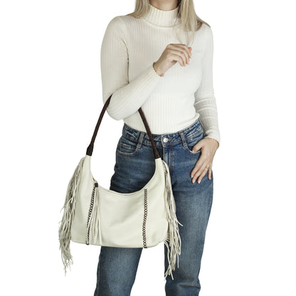 Close-up of the Fringe Hobo Bag’s textured metal chain strap featuring antique gold plating and detailed link craftsmanship.